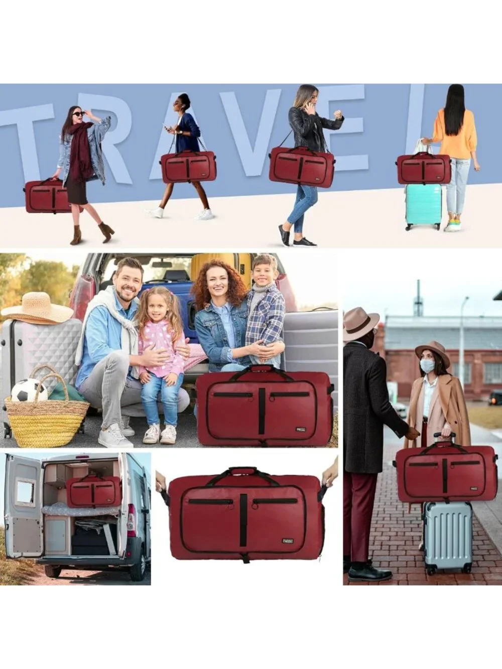 Large 65L Foldable Travel Duffle Bag with Shoes Compartment, Water-Resistant